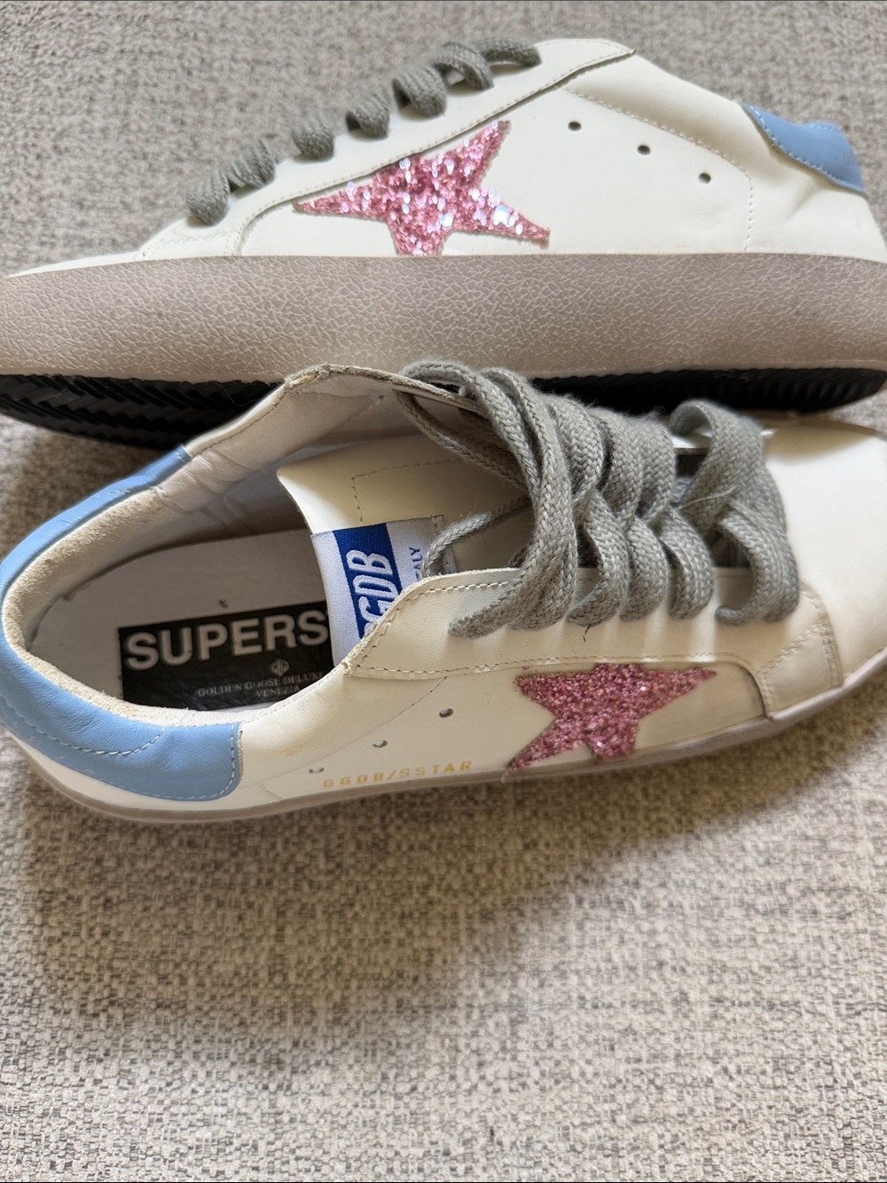 Golden Goose Kids White Sneakers with Pink Glitter Star and Light Blue Heel